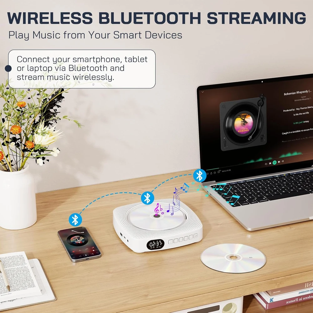 WOLFANG nešiojamas CD grotuvas su Bluetooth, FM radiju ir 4000 mAh baterija WDV04