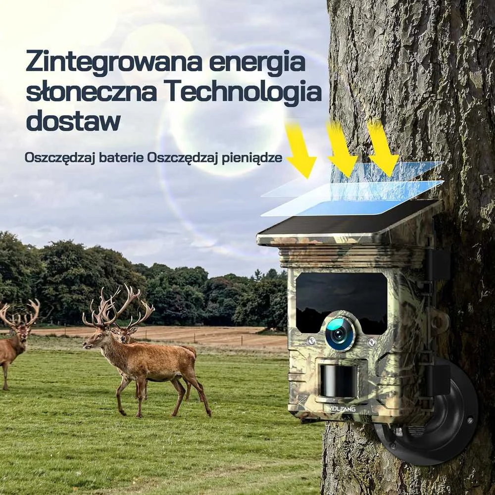 WOLFANG saulės energija maitinama lauko kamera su 4K raiška, 46 MP, Wi-Fi, Bluetooth ir IP66