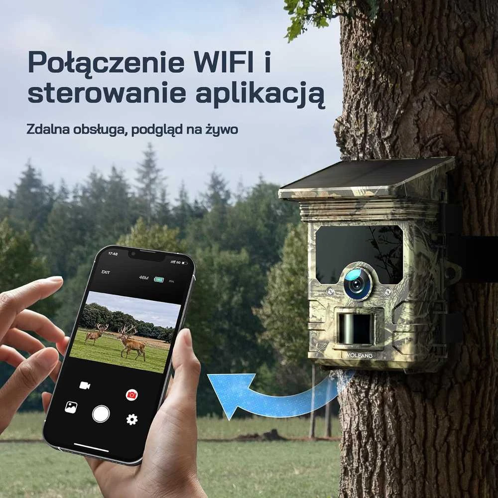 WOLFANG saulės energija maitinama lauko kamera su 4K raiška, 46 MP, Wi-Fi, Bluetooth ir IP66