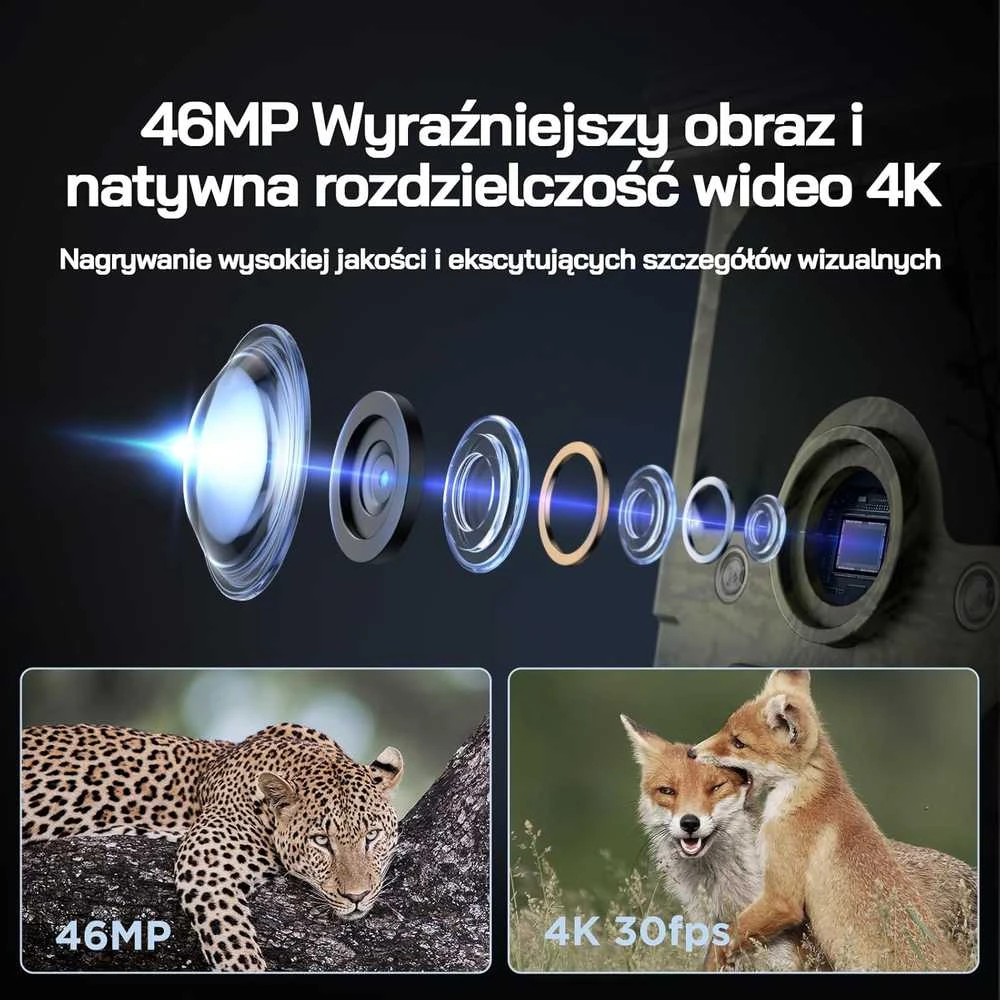 WOLFANG saulės energija maitinama lauko kamera su 4K raiška, 46 MP, Wi-Fi, Bluetooth ir IP66
