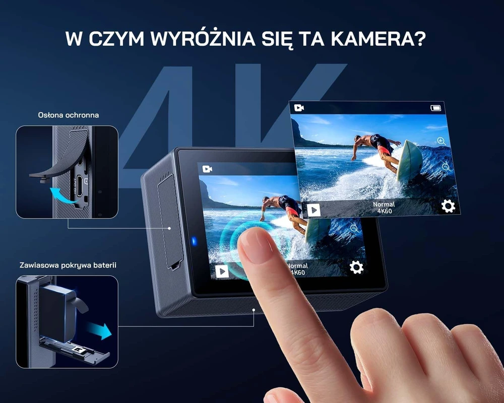 WOLFANG sportinė kamera 4K 60 FPS su Wi-Fi, 40 m atsparumu vandeniui ir 6 ašių EIS GA300