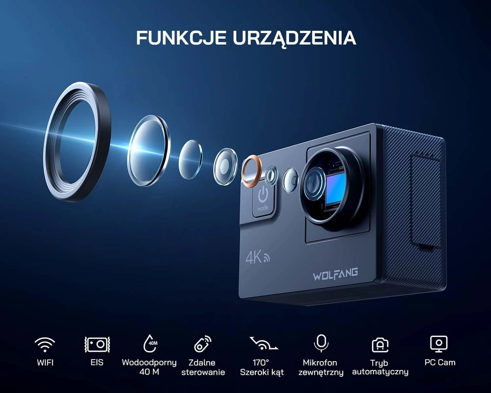 WOLFANG sportinė kamera 4K 60 FPS su Wi-Fi, 40 m atsparumu vandeniui ir 6 ašių EIS GA300