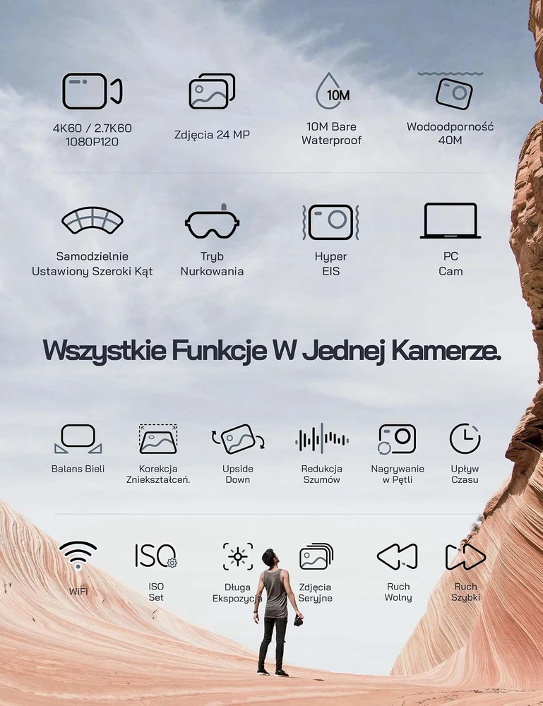 WOLFANG sporto kamera 4K 60 FPS, 20 MP, Wi-Fi, atspari vandeniui iki 40 m GA420