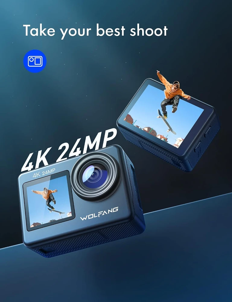 WOLFANG veiksmo kamera 4K 24 MP su Wi-Fi, EIS stabilizavimu ir 40 m atsparumu vandeniui GA200