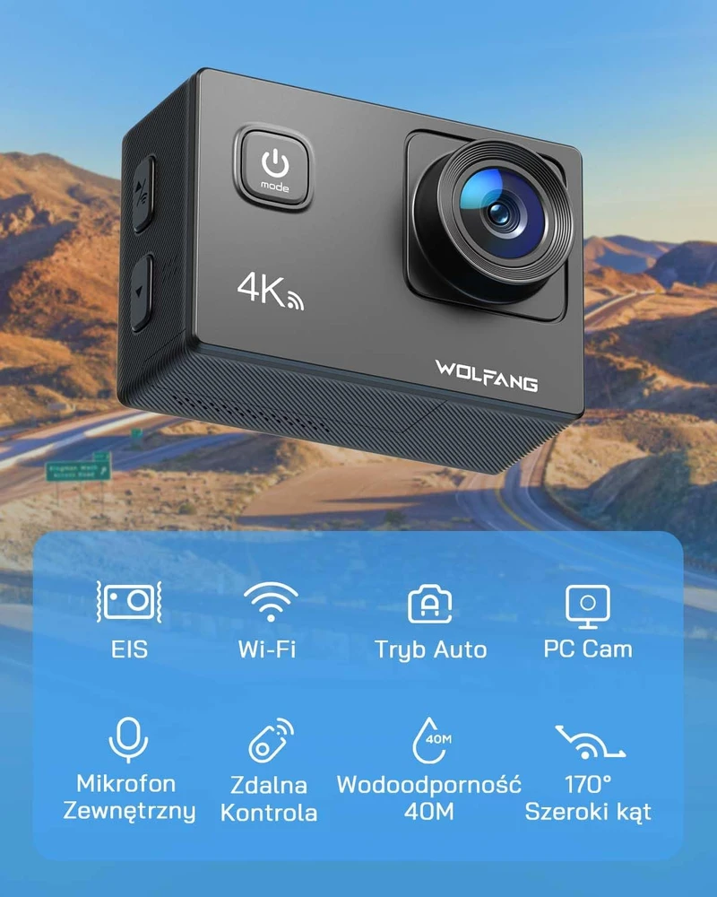 WOLFANG veiksmo kamera GA100 4K 30 FPS, 20 MP, Wi-Fi, atspari vandeniui iki 40 m