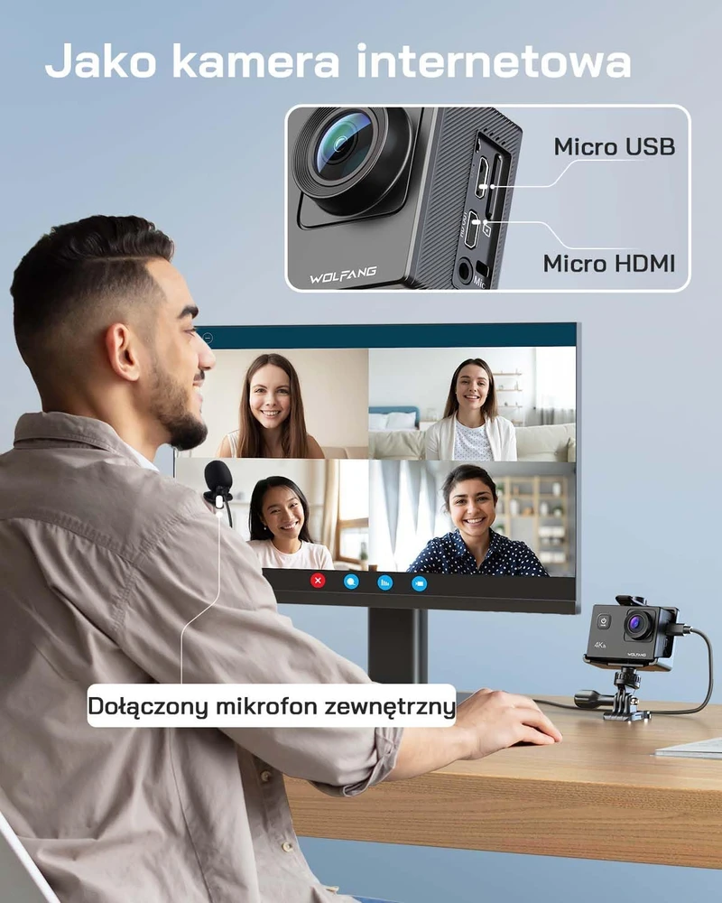 WOLFANG veiksmo kamera GA100 4K 30 FPS, 20 MP, Wi-Fi, atspari vandeniui iki 40 m