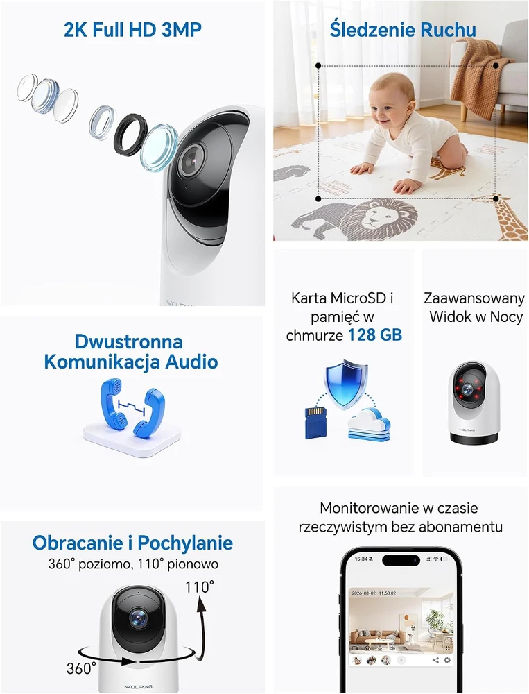 WOLFANG vidaus Wi-Fi stebėjimo kamera 2K 3 MP su 360° pasukimu ir naktiniu matymu WS03