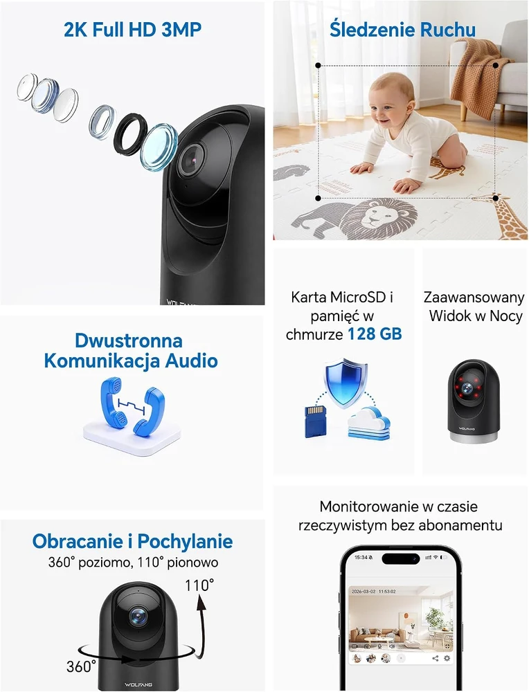 WOLFANG vidaus Wi-Fi stebėjimo kamera 2K su 360° PTZ ir automatiniu sekimu WS03B-2