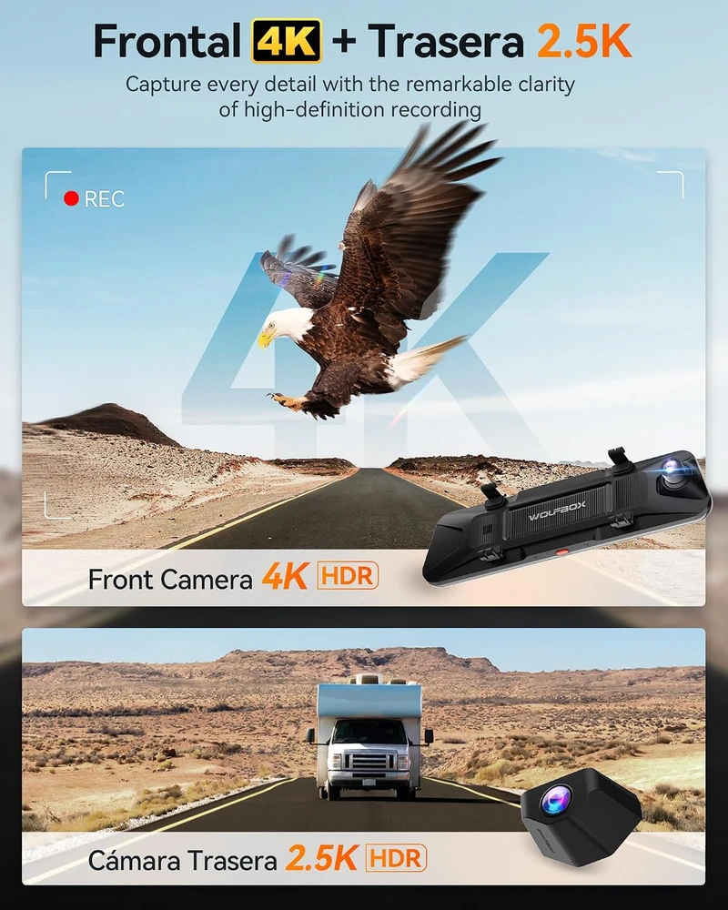 WOLFBOX automobilinė vaizdo kamera veidrodyje G900 PRO, 4K, 12 colių, galinė 2,5K kamera