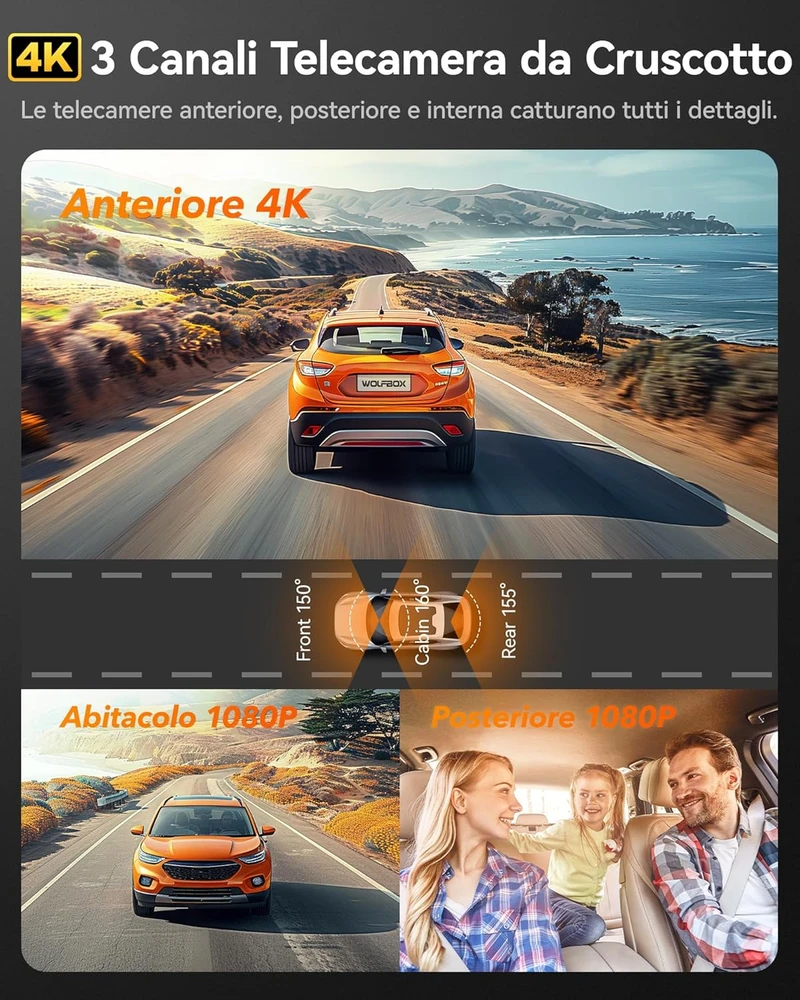 WOLFBOX automobilinė vaizdo registratorius 3 kamerų 4K+1080P+1080P su Wi-Fi, GPS ir 64 GB kortele i17