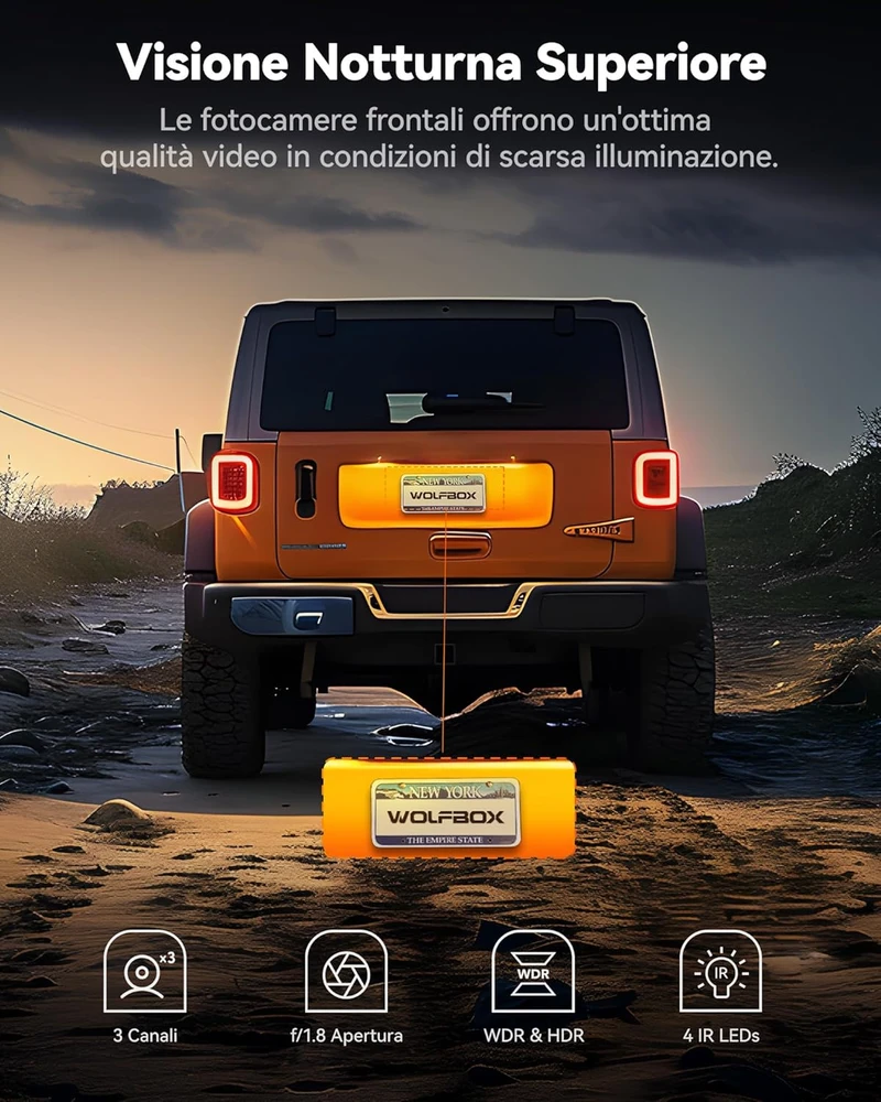 WOLFBOX automobilinė vaizdo registratorius 3 kamerų 4K+1080P+1080P su Wi-Fi, GPS ir 64 GB kortele i17