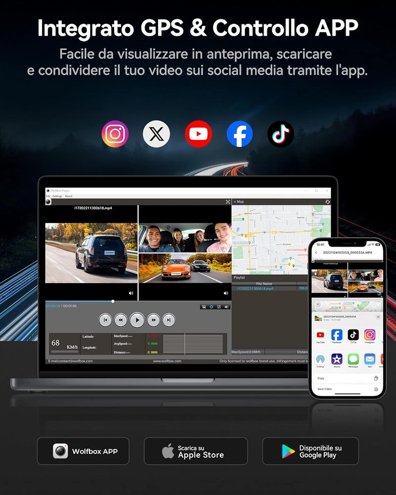 WOLFBOX automobilinė vaizdo registratorius 3 kamerų 4K+1080P+1080P su Wi-Fi, GPS ir 64 GB kortele i17