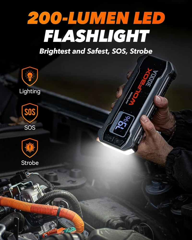 WOLFBOX automobilinis užvedimo starteris 3000A 12V, 16000mAh, USB-C 65W, LED, MegaVolt16