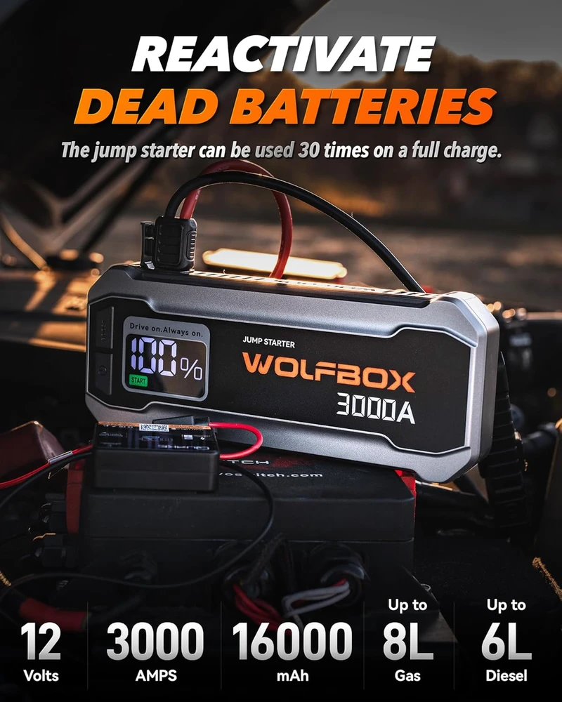 WOLFBOX automobilinis užvedimo starteris 3000A 12V, 16000mAh, USB-C 65W, LED, MegaVolt16