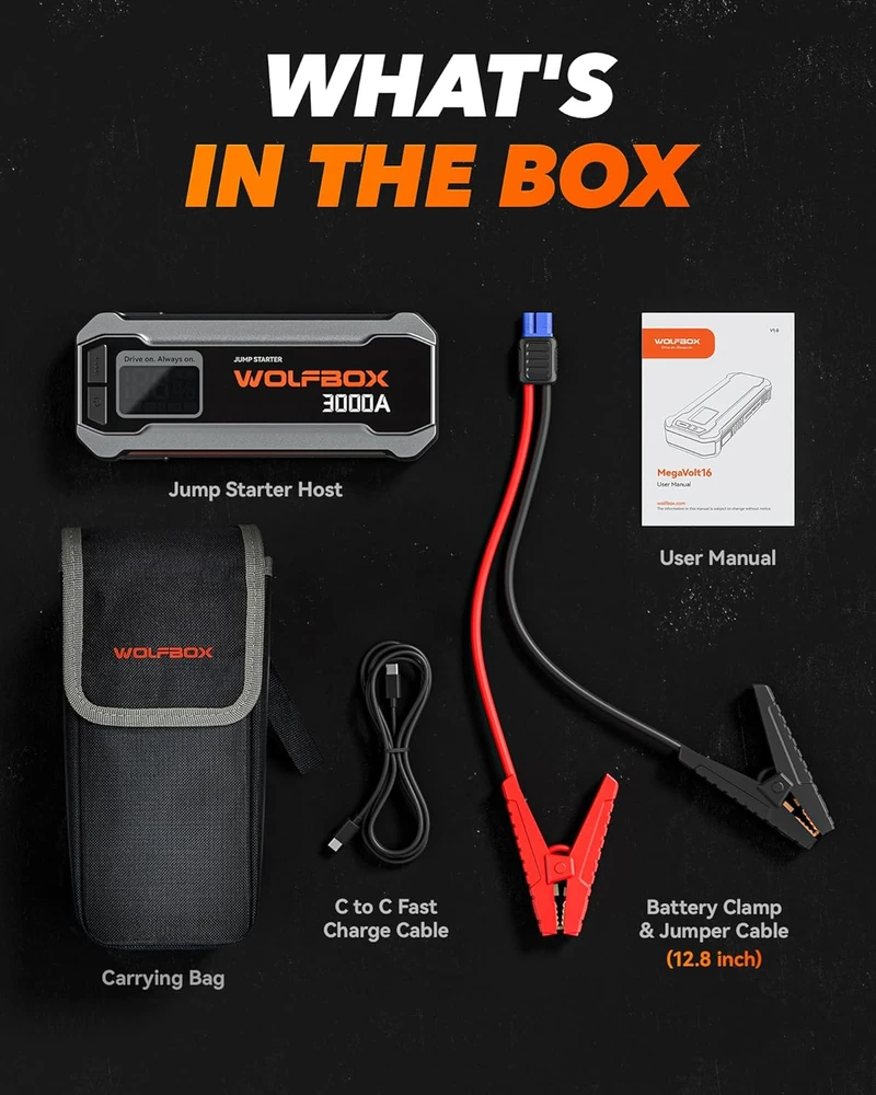 WOLFBOX automobilinis užvedimo starteris 3000A 12V, 16000mAh, USB-C 65W, LED, MegaVolt16
