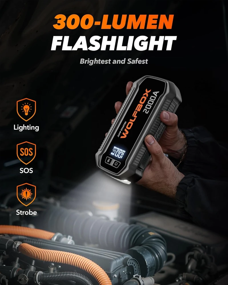 WOLFBOX automobilio akumuliatoriaus paleidimo įrenginys, 2000 A, 12000 mAh, USB-C 30 W, MegaVolt12