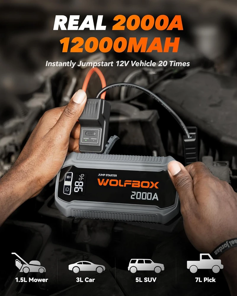 WOLFBOX automobilio akumuliatoriaus paleidimo įrenginys, 2000 A, 12000 mAh, USB-C 30 W, MegaVolt12
