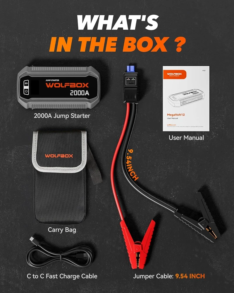 WOLFBOX automobilio akumuliatoriaus paleidimo įrenginys, 2000 A, 12000 mAh, USB-C 30 W, MegaVolt12