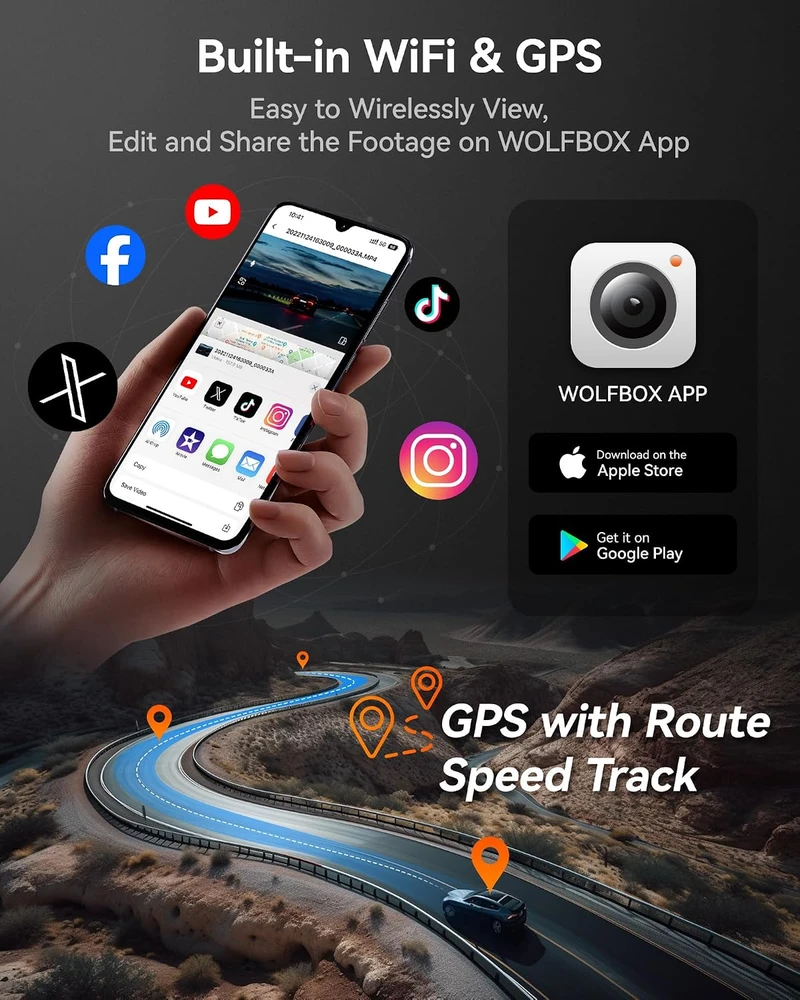 WOLFBOX i07 trijų kanalų automobilinis vaizdo registratorius 4K su Wi-Fi, GPS ir 3 col. LCD