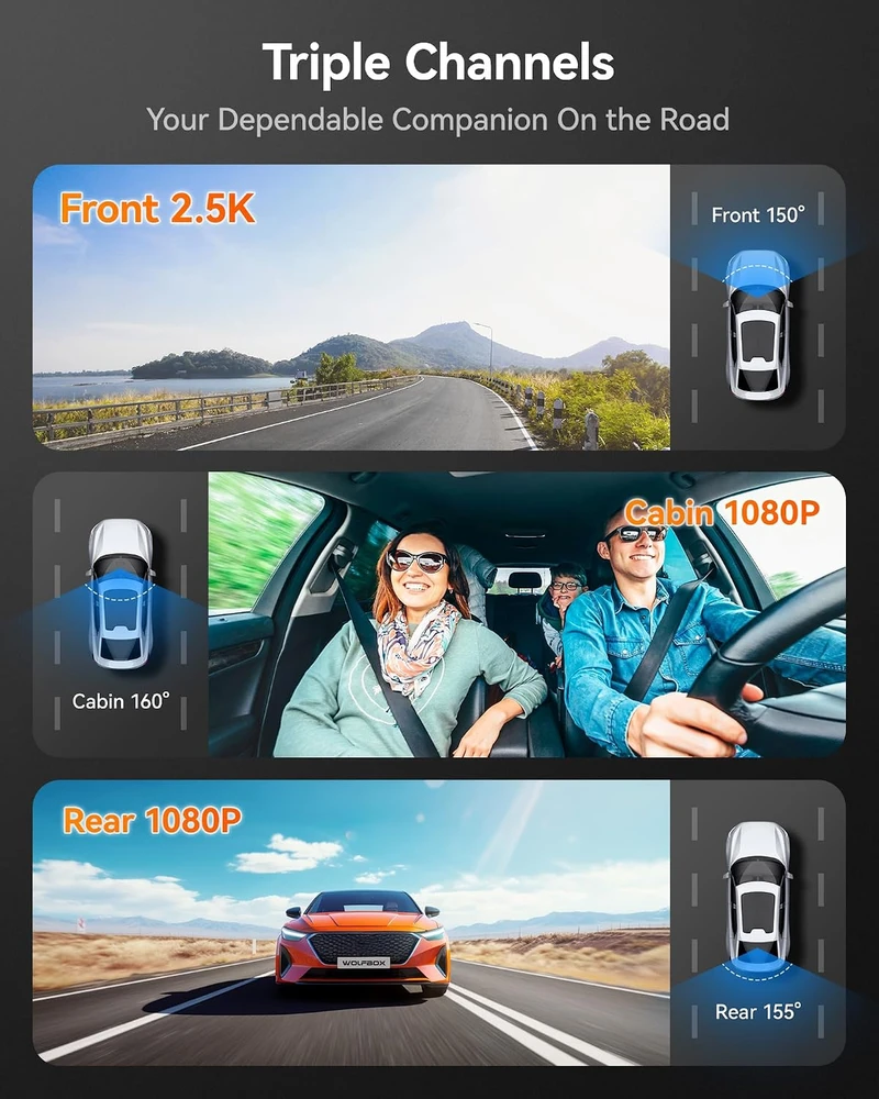 WOLFBOX i07 trijų kanalų automobilinis vaizdo registratorius 4K su Wi-Fi, GPS ir 3 col. LCD