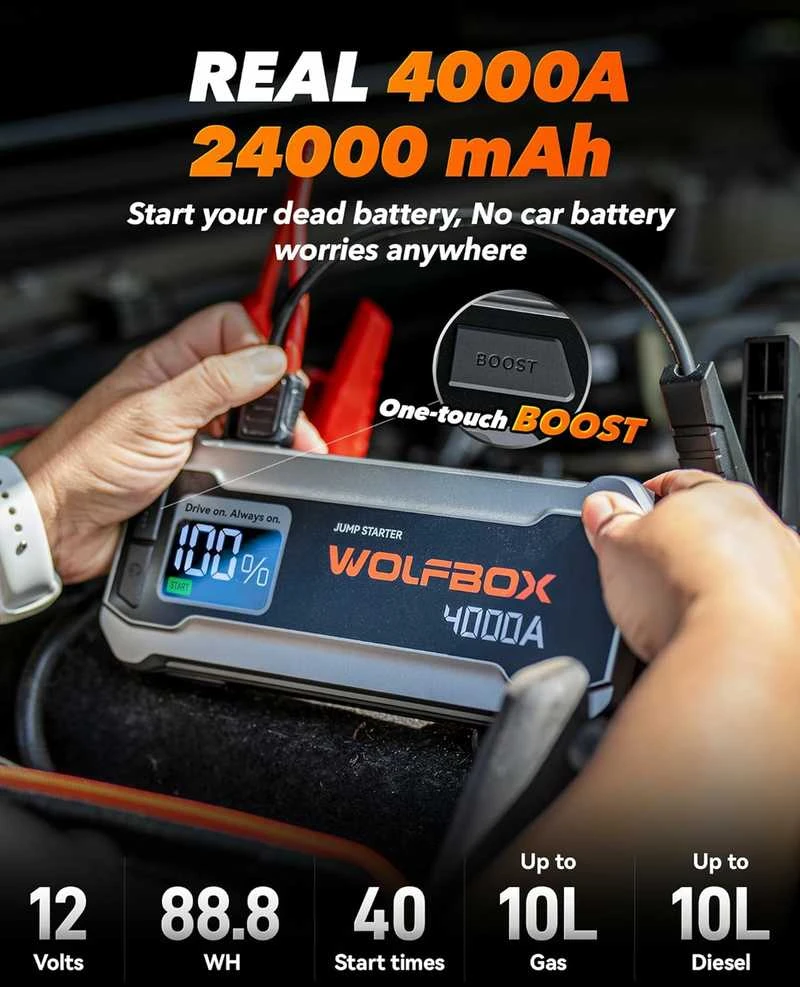 WOLFBOX MegaVolt24 4000A automobilio užvedimo įrenginys 12 V, 24000 mAh su LED žibintuvėliu