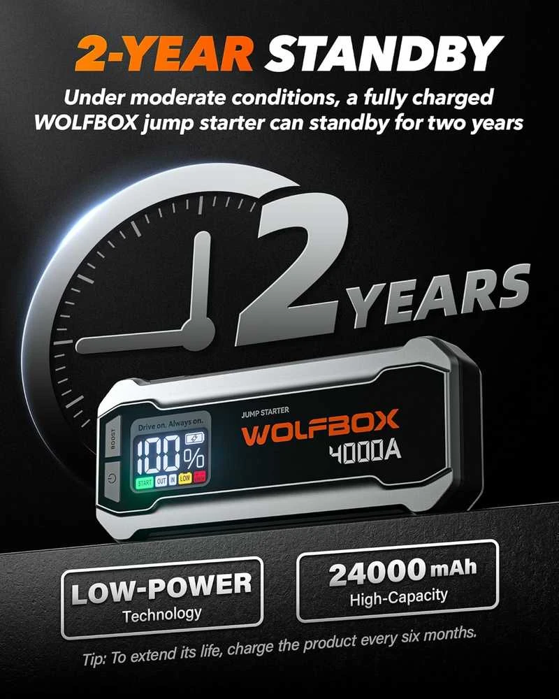WOLFBOX MegaVolt24 4000A automobilio užvedimo įrenginys 12 V, 24000 mAh su LED žibintuvėliu