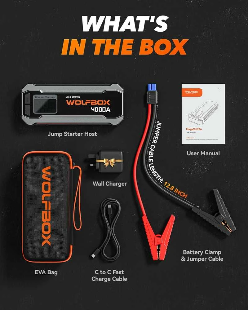 WOLFBOX MegaVolt24 4000A automobilio užvedimo įrenginys 12 V, 24000 mAh su LED žibintuvėliu