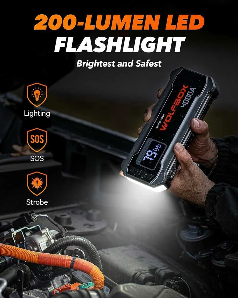 WOLFBOX MegaVolt24 4000A automobilio užvedimo įrenginys 12 V, 24000 mAh su LED žibintuvėliu