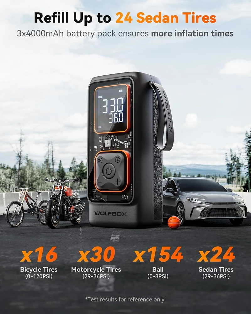 WOLFBOX nešiojamas oro kompresorius padangoms 150 PSI, 12000 mAh, MegaFlow24-NEW