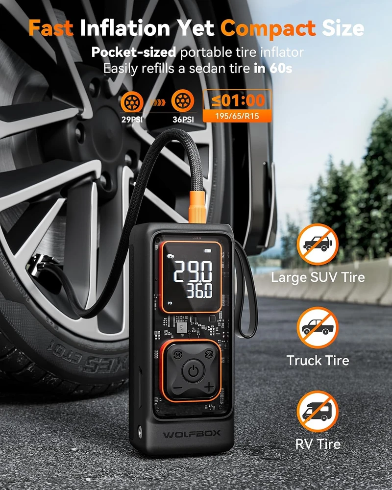 WOLFBOX nešiojamas oro kompresorius padangoms 150 PSI, 12000 mAh, MegaFlow24-NEW