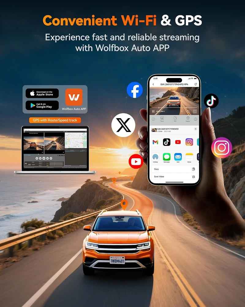 WOLFBOX skaitmeninis galinio vaizdo veidrodis su vaizdo registratoriumi M40, 10 colių, 4K