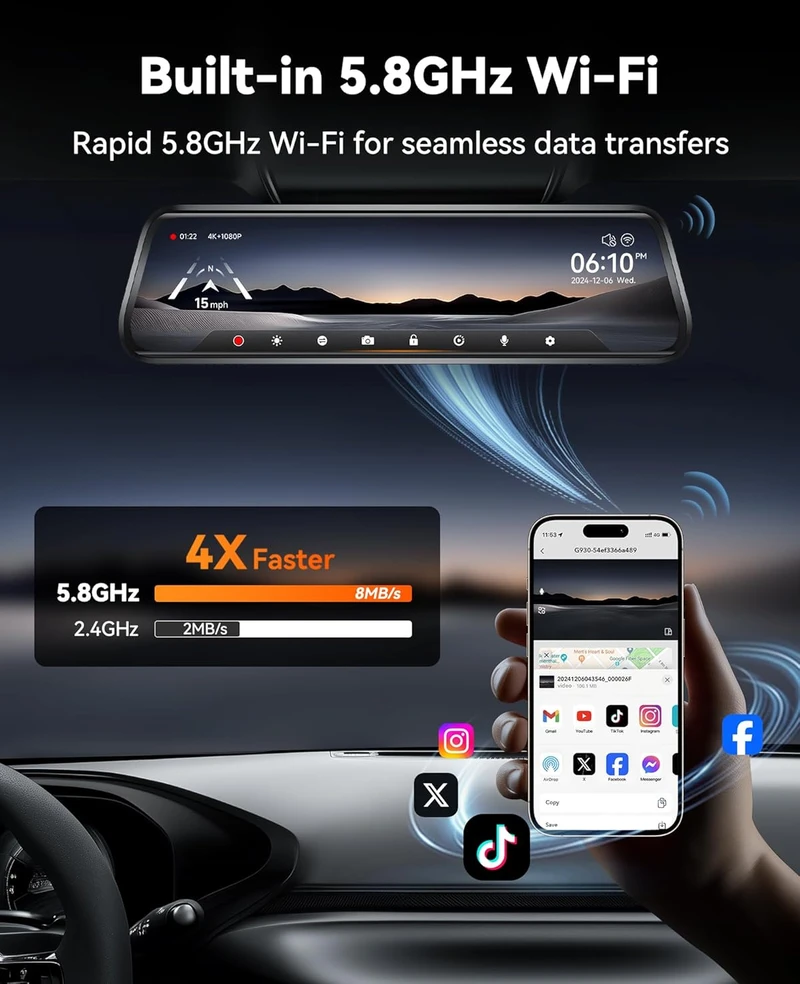 WOLFBOX veidrodinė automobilinė kamera 4K, Wi-Fi 5.8 GHz, GPS, priekinė ir galinė, G930