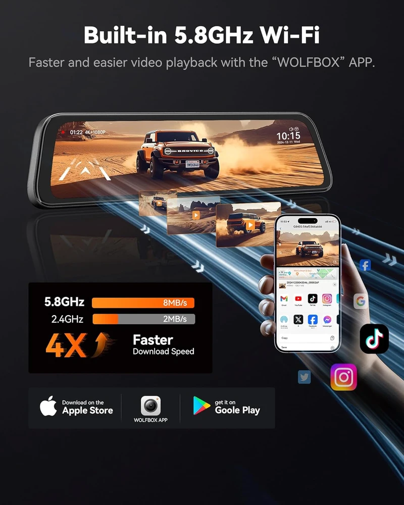 WOLFBOX veidrodinė automobilio vaizdo registratorius 12" jutiklinis ekranas 4K + galinė kamera G840S