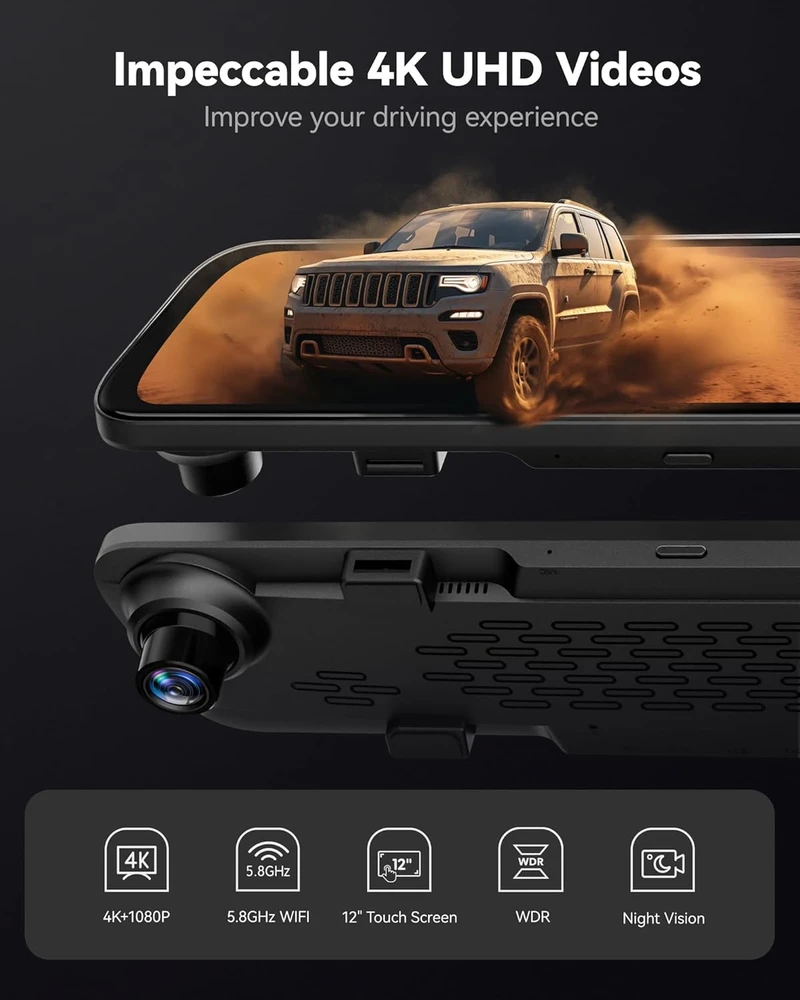 WOLFBOX veidrodinė automobilio vaizdo registratorius 12" jutiklinis ekranas 4K + galinė kamera G840S