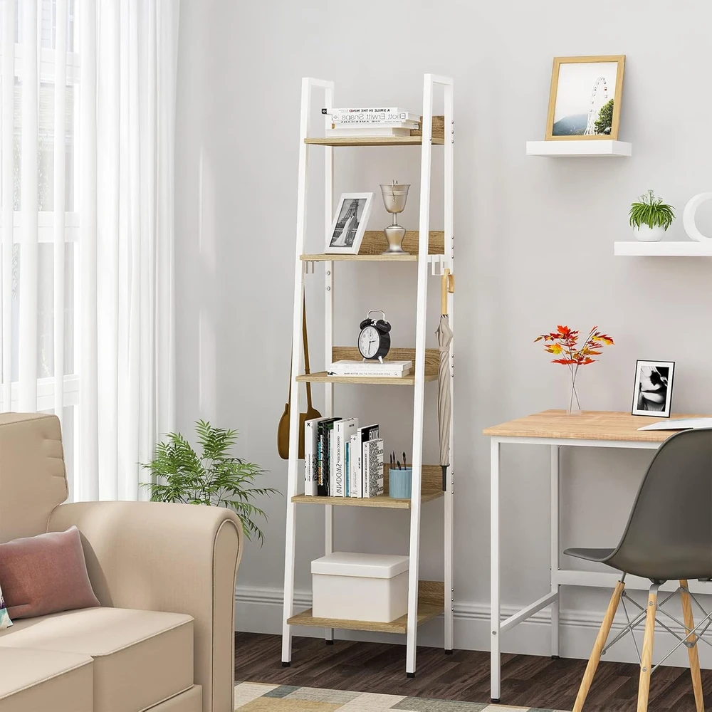 WOLTU pastatoma kopėčių lentyna su 5 MDF lentynomis ir 4 kabliais, 40 x 36 x 170 cm, RGB9289whe