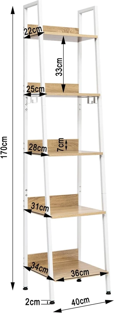 WOLTU pastatoma kopėčių lentyna su 5 MDF lentynomis ir 4 kabliais, 40 x 36 x 170 cm, RGB9289whe