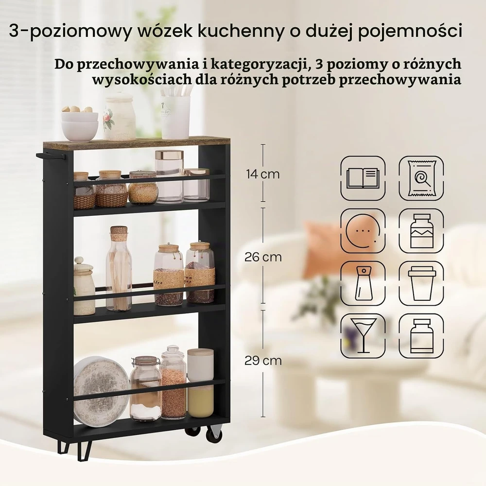 WOLTU virtuvinis vežimėlis su 3 lentynomis, ratukais ir stabdžiais 47 x 13 x 80 cm RW050rbs