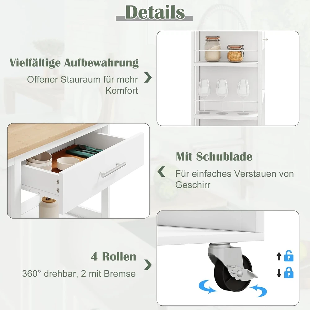 WOLTU virtuvinis vežimėlis su stalviršiu, stalčiumi ir stabdomais ratukais 73 x 88 x 38 cm RW051eiw