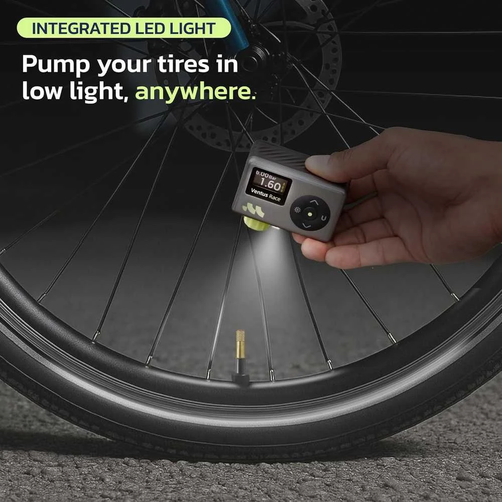 Woowind elektrinė mini dviračio pompa su manometru, 120 PSI, USB-C, Presta ir Schrader