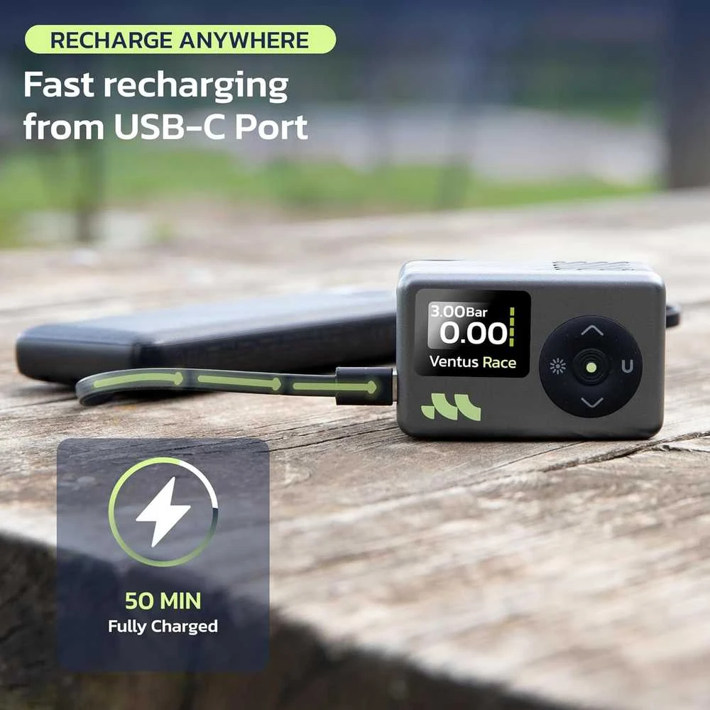 Woowind elektrinė mini dviračio pompa su manometru, 120 PSI, USB-C, Presta ir Schrader