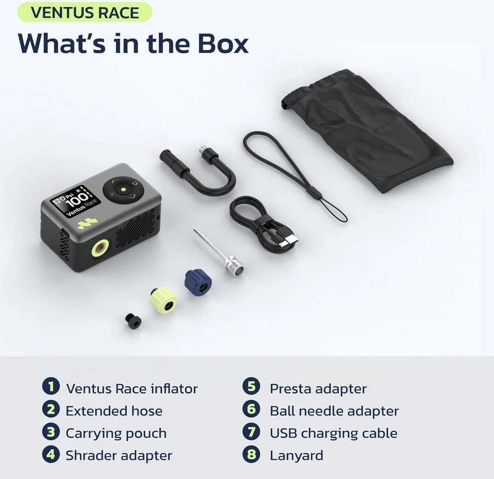 Woowind elektrinė mini dviračio pompa su manometru, 120 PSI, USB-C, Presta ir Schrader