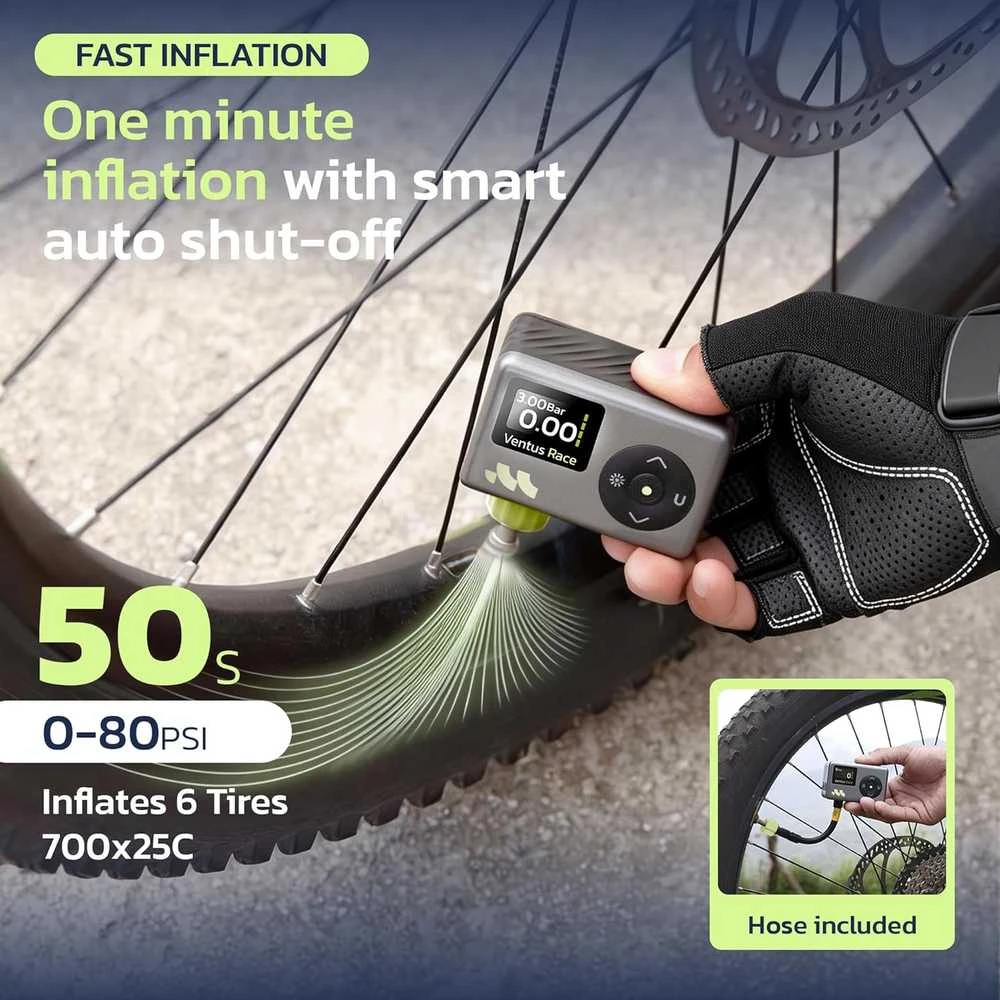 Woowind elektrinė mini dviračio pompa su manometru, 120 PSI, USB-C, Presta ir Schrader