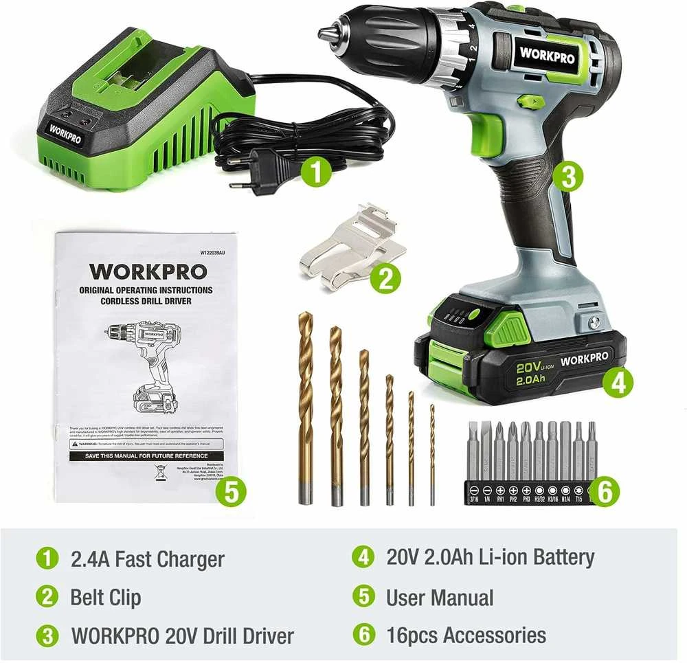 WORKPRO 18 V akumuliatorinis gręžtuvas–suktuvas, 25 Nm, 2.0 Ah Li-Ion, 2 greičiai