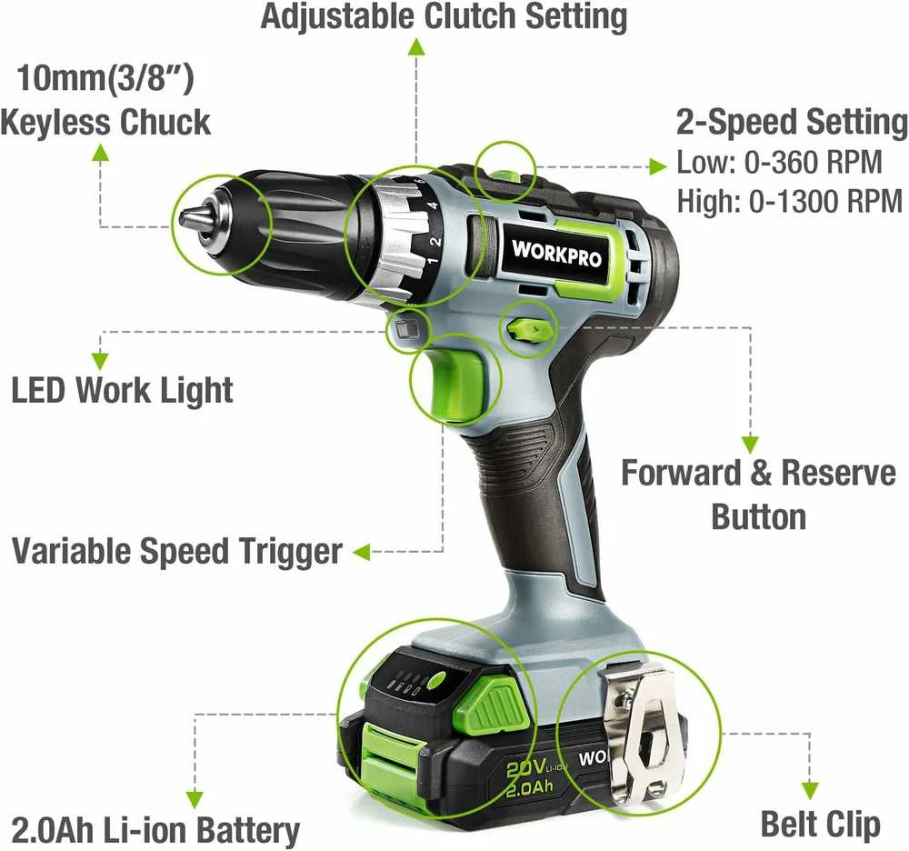WORKPRO 18 V akumuliatorinis gręžtuvas–suktuvas, 25 Nm, 2.0 Ah Li-Ion, 2 greičiai