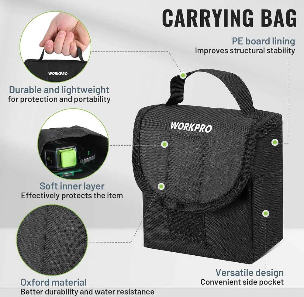 WORKPRO 360° kryžminis žalias lazerinis nivelyras su stovu, automatinis išlyginimas, W002905A