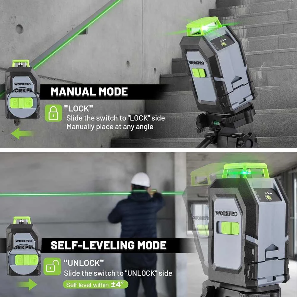 WORKPRO 360° kryžminis žalias lazerinis nivelyras su stovu, automatinis išlyginimas, W002905A