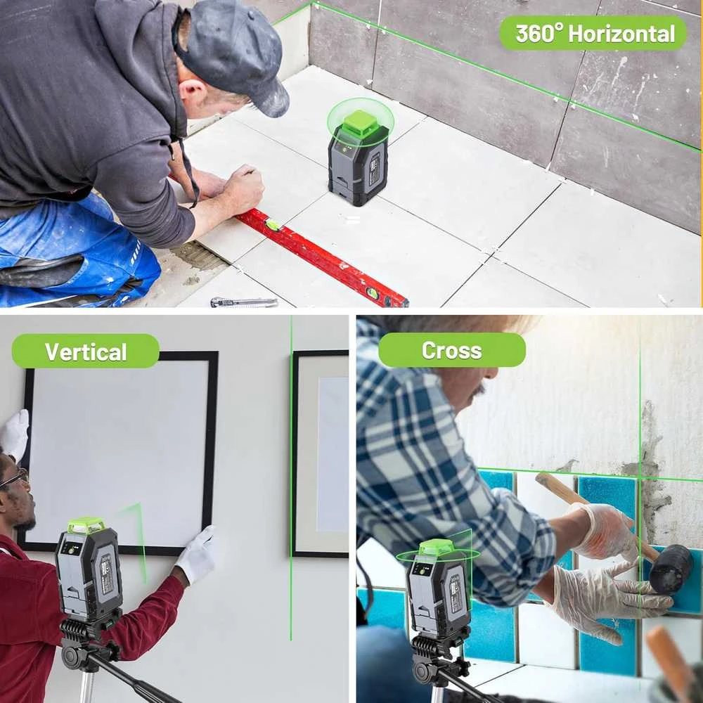 WORKPRO 360° kryžminis žalias lazerinis nivelyras su stovu, automatinis išlyginimas, W002905A