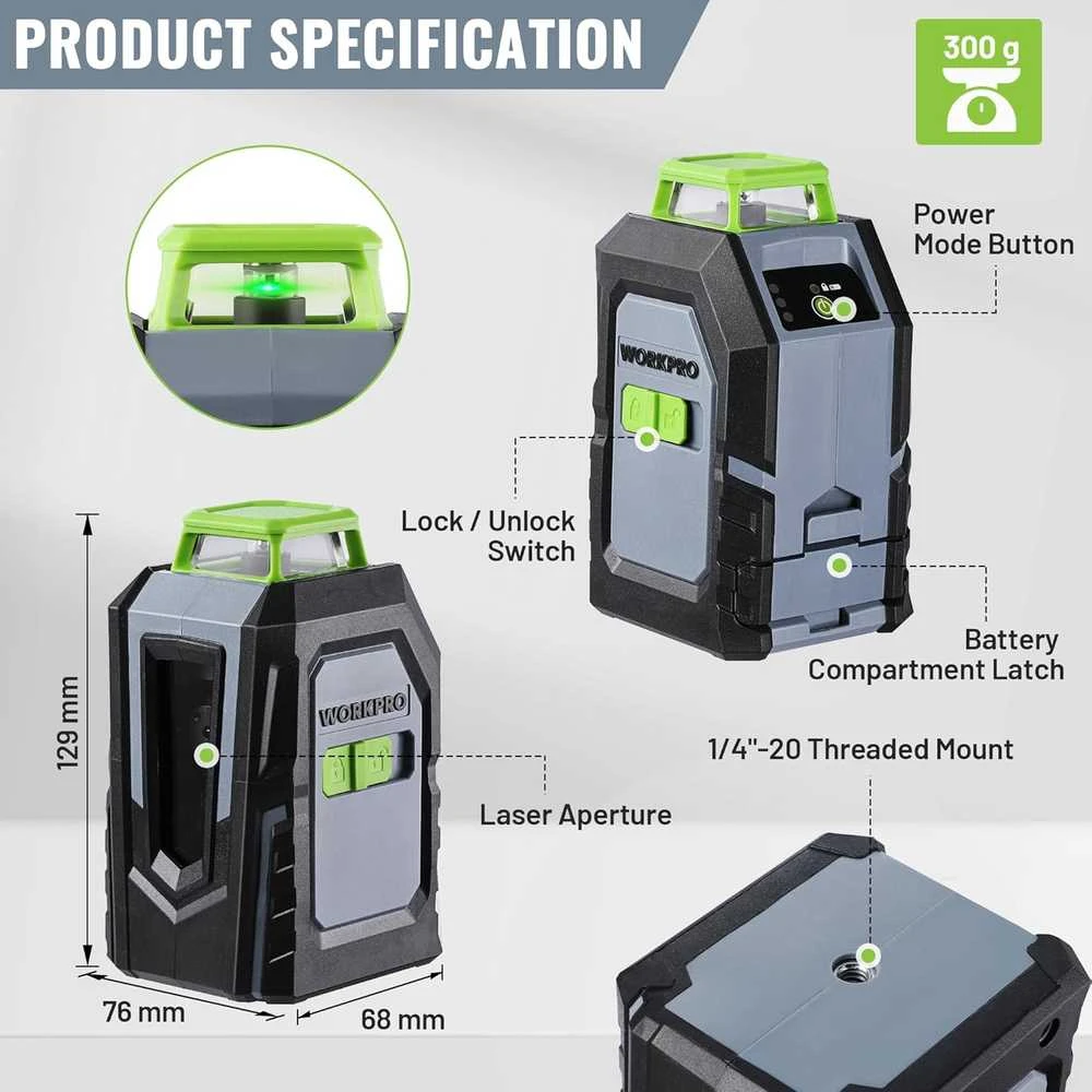 WORKPRO 360° kryžminis žalias lazerinis nivelyras su stovu, automatinis išlyginimas, W002905A