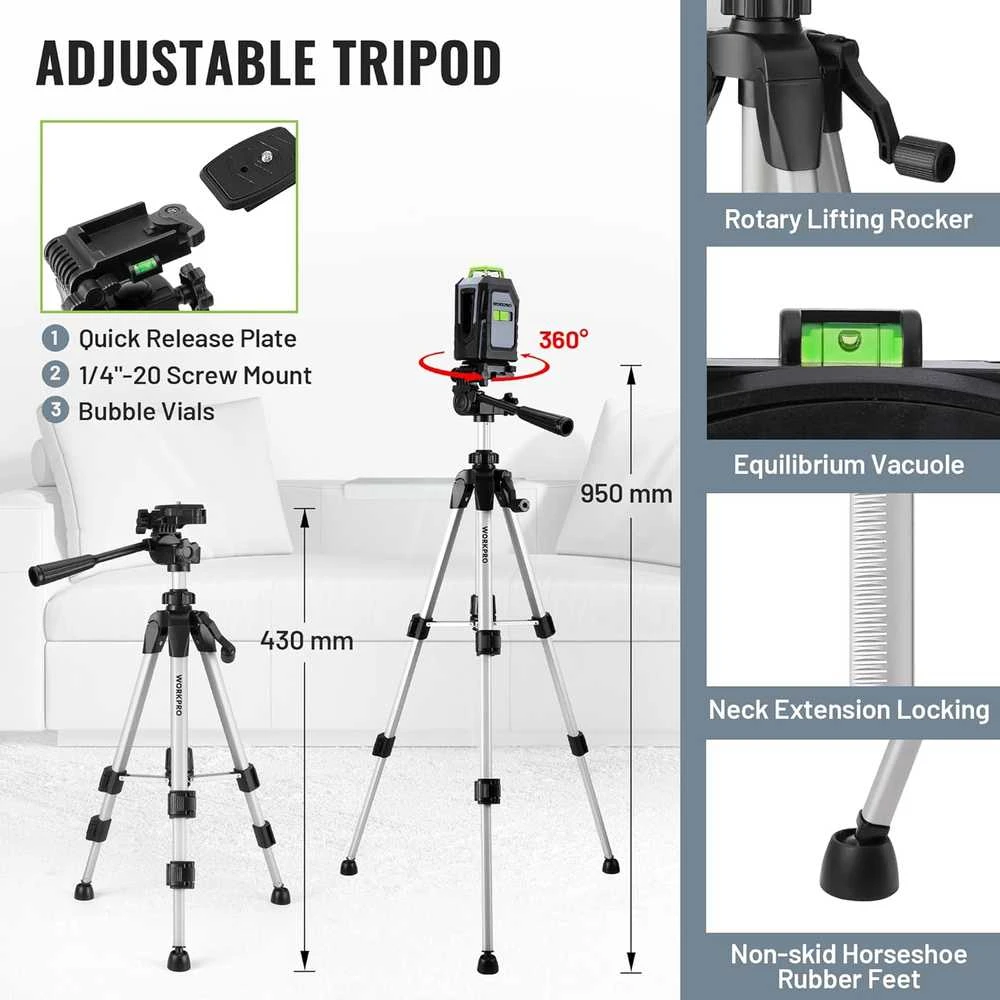 WORKPRO 360° kryžminis žalias lazerinis nivelyras su stovu, automatinis išlyginimas, W002905A