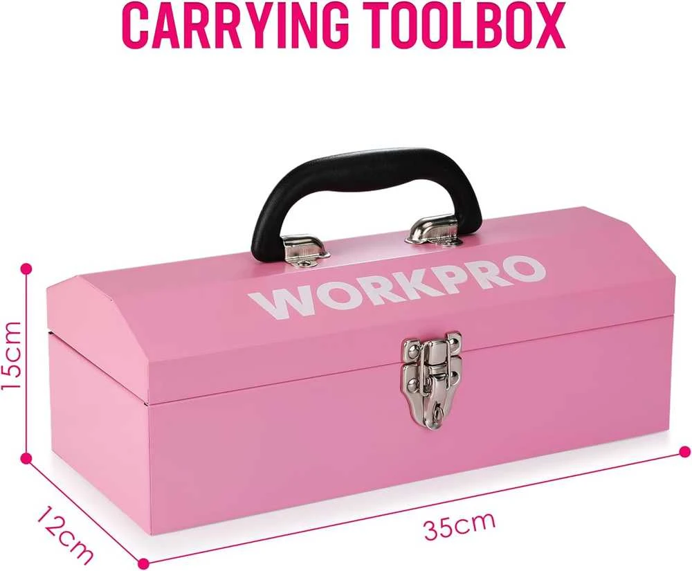 WORKPRO 73 dalių įrankių rinkinys su akumuliatoriniu suktuvu, metaline dėže ir vandens siurblio replėmis W009146